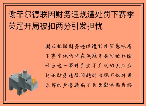 谢菲尔德联因财务违规遭处罚下赛季英冠开局被扣两分引发担忧